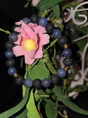 Beaded Blue and Black Natural Stone Stretch Bracelet